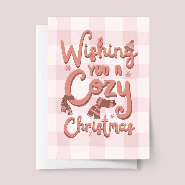 Biglietto di Natale a quadretti rosa con sciarpe accoglienti per la vendita all'ingrosso da parte di Design Sprinkles