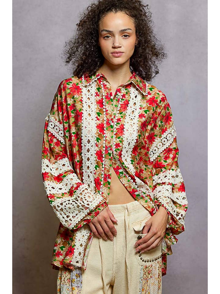 Pol Clothing - Wholesale Button Down Shirt - Women's - Balloon Sleeve Trim See-through Floral Printed Shirt Top5