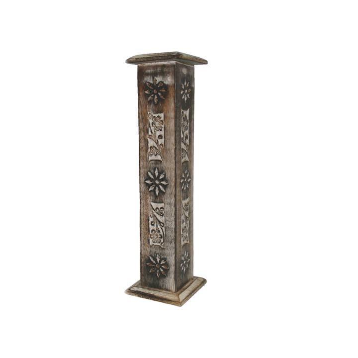 Hand Carved Wooden Incense Burner Tower - Daisy Flowers for wholesale by Designs by Deekay Inc.