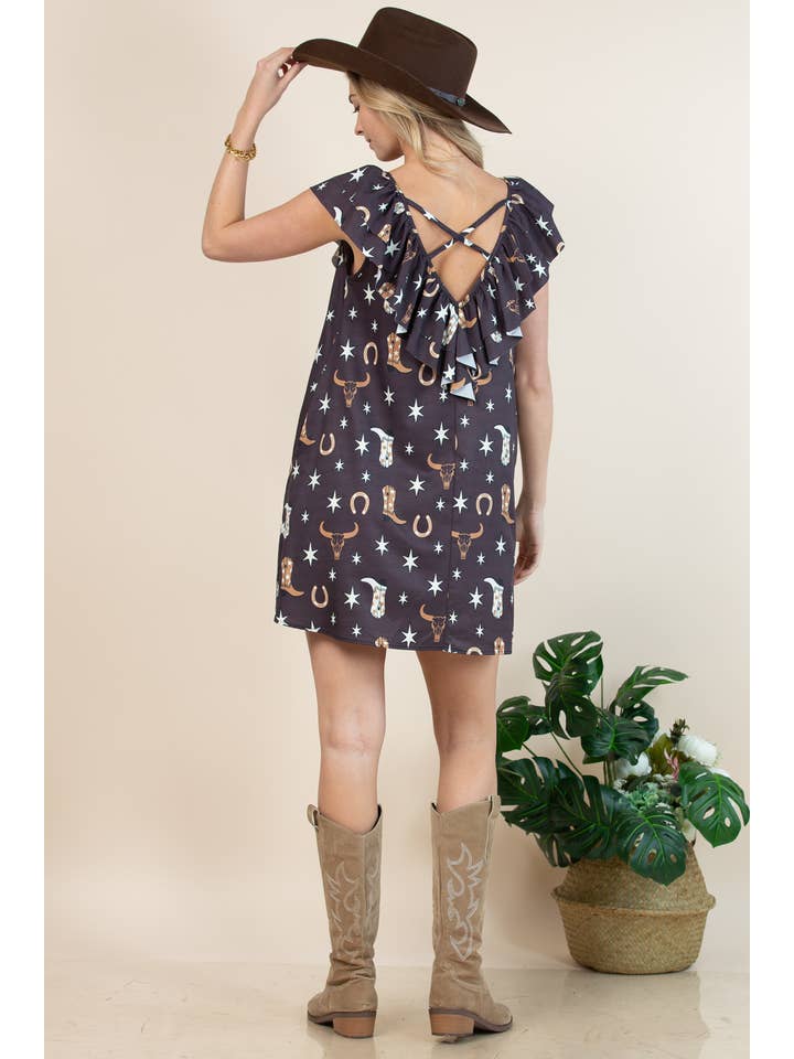 Brown D1465-6175-Western Lucky Cow Head Print Sundress for wholesale on Faire