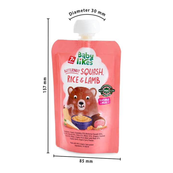 Baby Likes - Venta al por mayor Comida para bebé - Bolsa de comida halal para bebés, calabaza moscada, arroz y cordero, 130 g, puré orgánico de comida para bebés para más de 7 meses