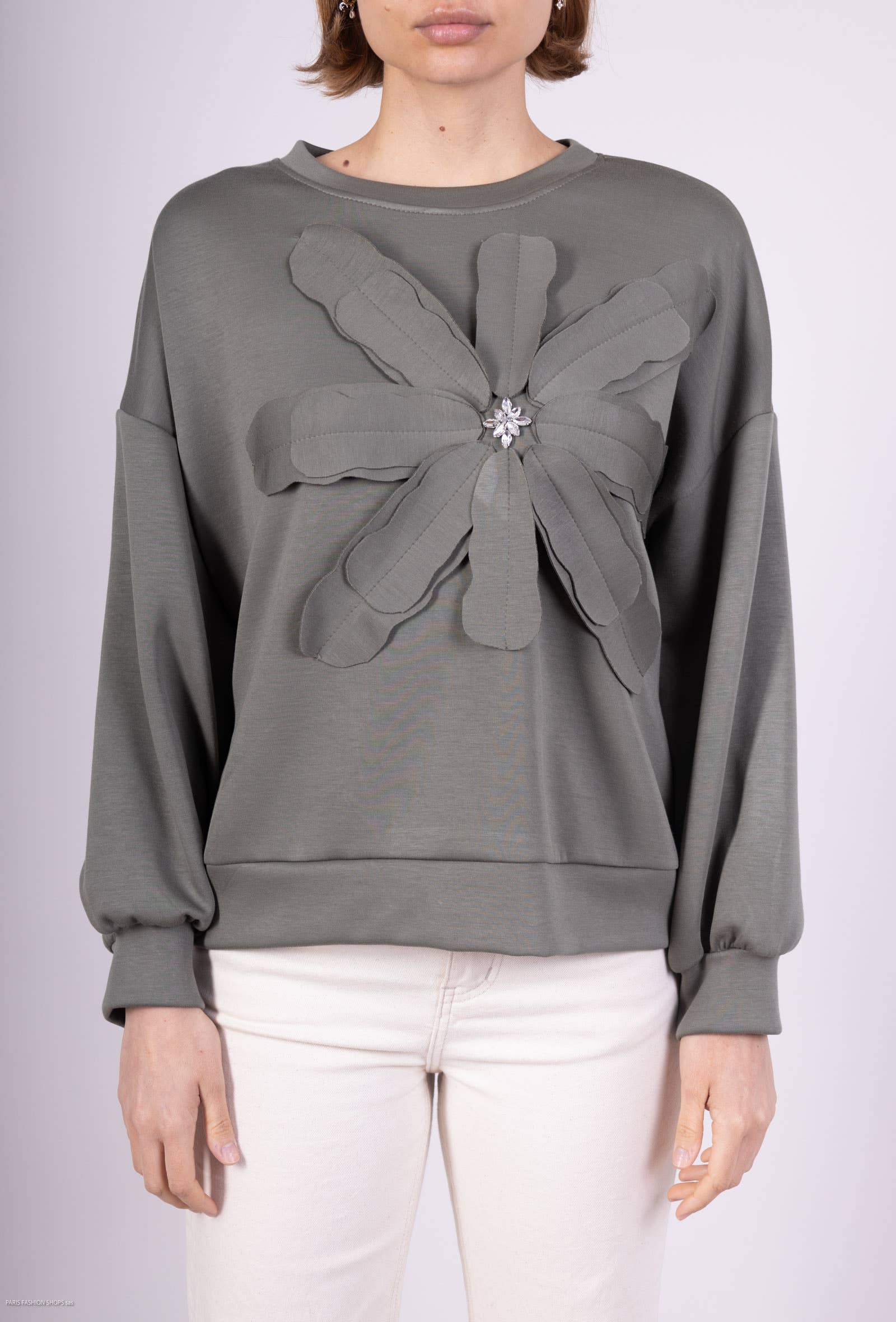 L'Emotion - Vente Sweat-shirt – femme - Sweatshirt Chiné Bijoux Fleur Cousue Viscose/Élasthanne 5