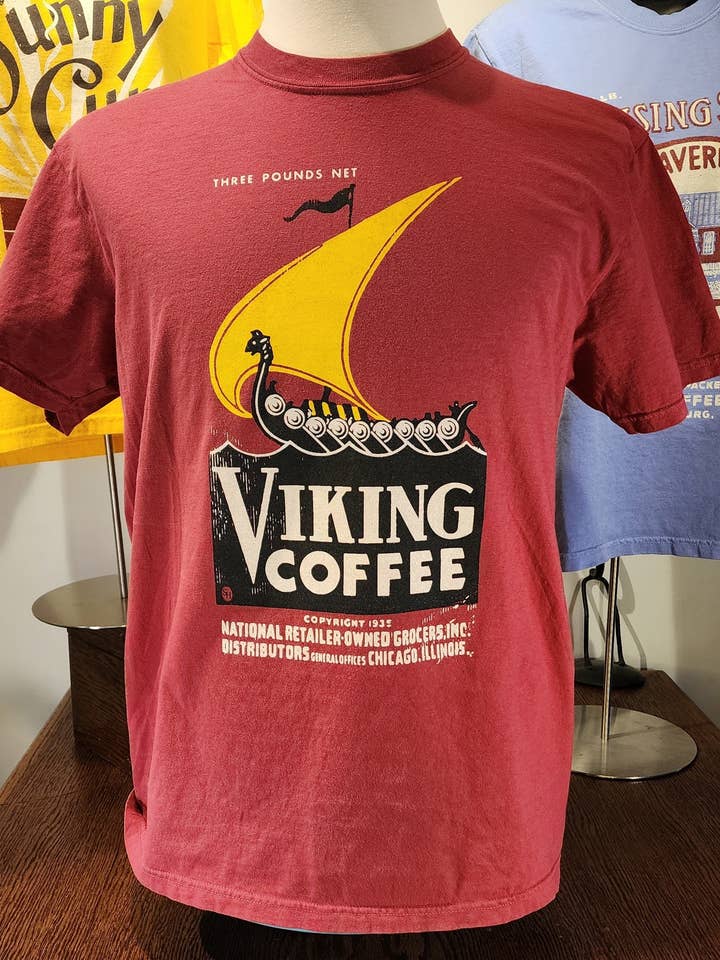 Vintage Coffee Label Tee; "Viking Coffee Chicago Illinois" Comfort Colors tee; Chili for wholesale by Seed House Prints