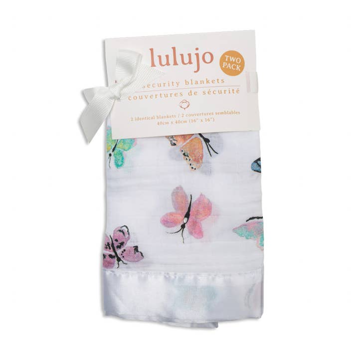 Pack de 2 mantas de seguridad de algodón 40 cm x 40 cm – Mariposa para venta al por mayor de Lulujo Baby
