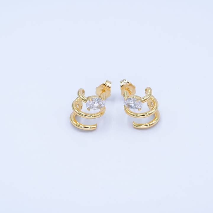14K Gold Filled Oval CZ Triple Bar Claw C-Shaped Cartilage Hoop Earrings | AB990 for wholesale by Aim Eternal