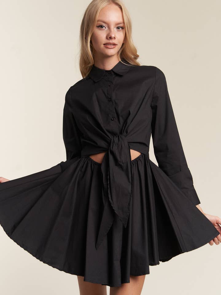 POPLIN BUTTON DOWN TIE FRONT SKIRT MINI DRESS for wholesale by Hers & Mine