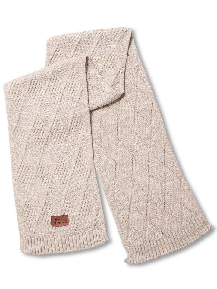 Custom Trellis Knit Scarf with faux leather debossed patch for wholesale by Panda Imprinting