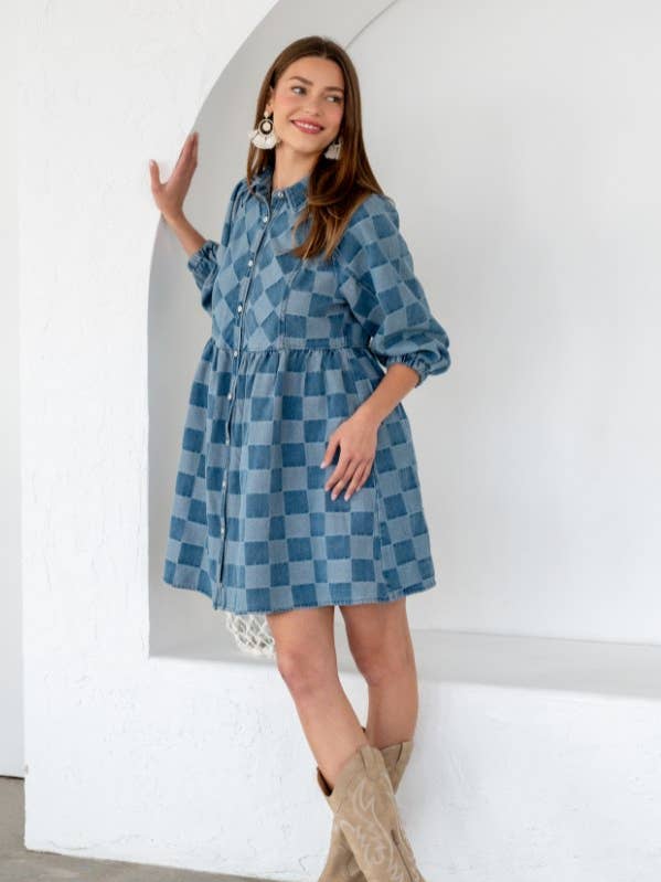 TR2048-01_WASHED GINGHEM DENIM BUTTON DOWN SHIRT DRESS for wholesale on Faire1