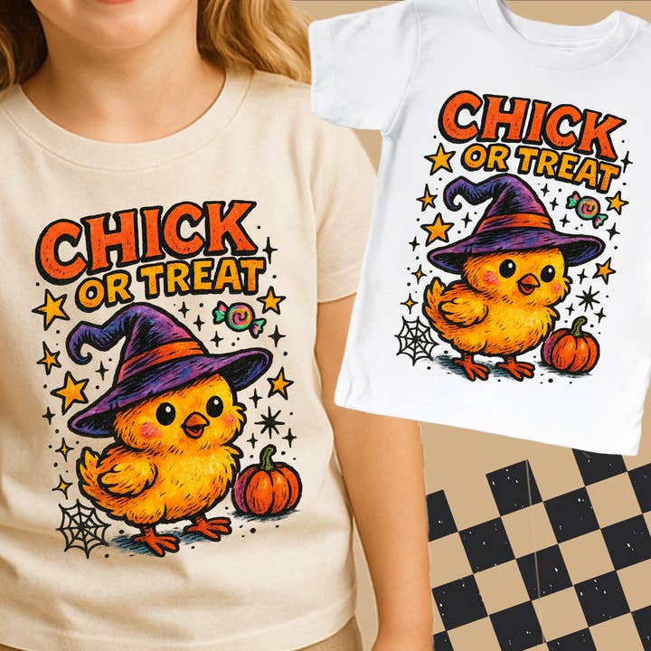 Madi Moosh - Wholesale Screen Printed T-Shirt - Kids - Chick Or Treat Chicken Halloween Shirt - Halloween Tee2