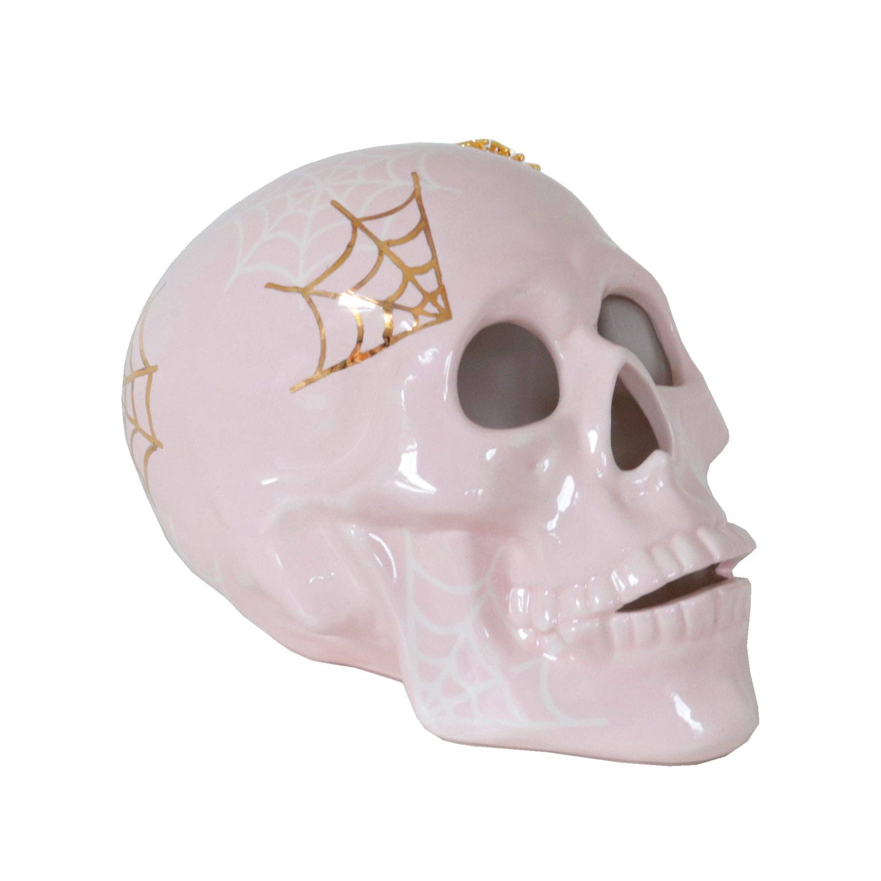Lo Home | Ruby Clay - Wholesale Decorative Tabletop Object - "Mr. Bones and Charlotte" Skull Decor with 22K Gold Accents- Pink1