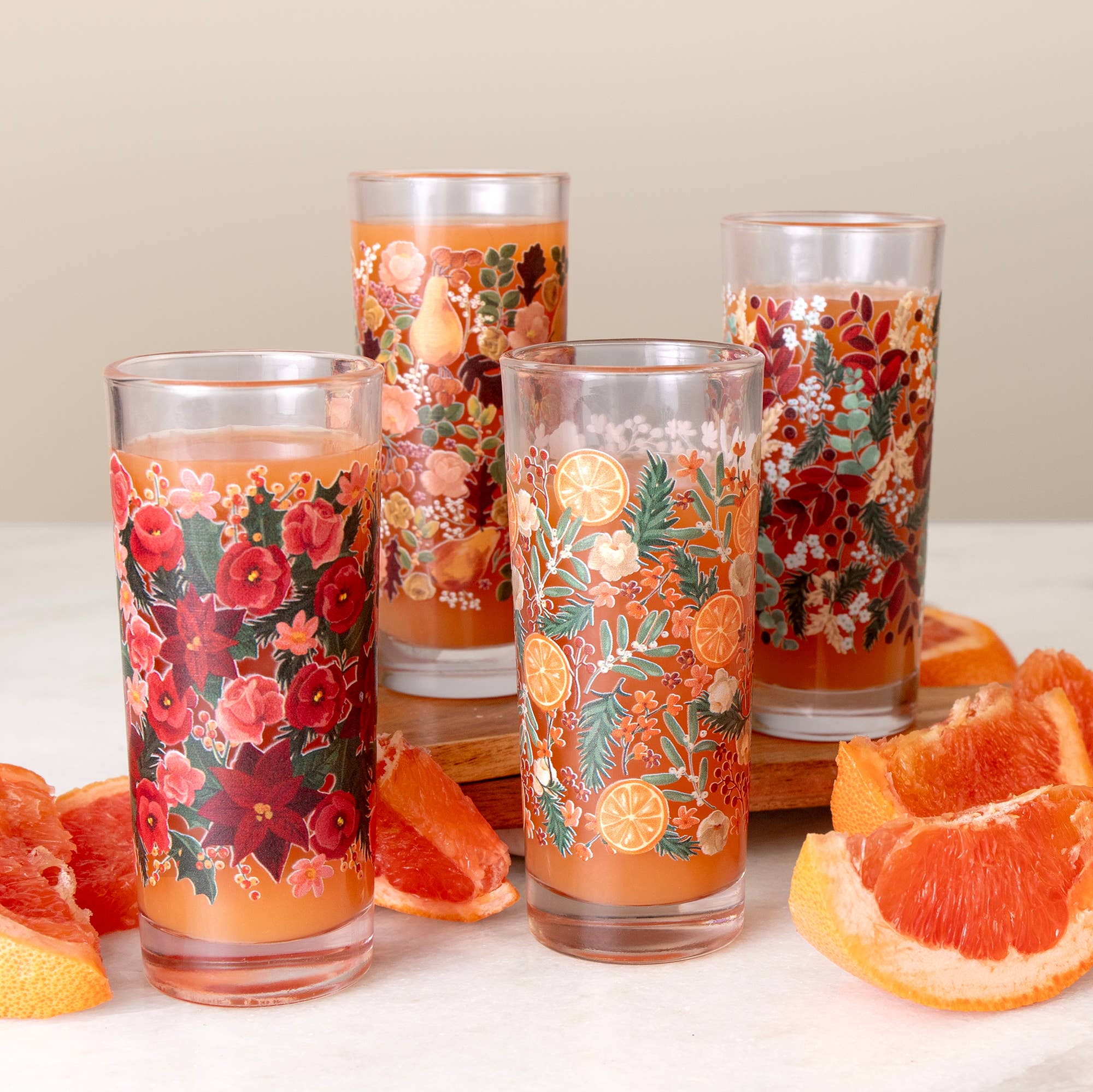 1canoe2 | One Canoe Two Paper Co. - Wholesale Drinking Glass/Cup - Yuletide Blooms Tall Holiday Juice Glass Set0