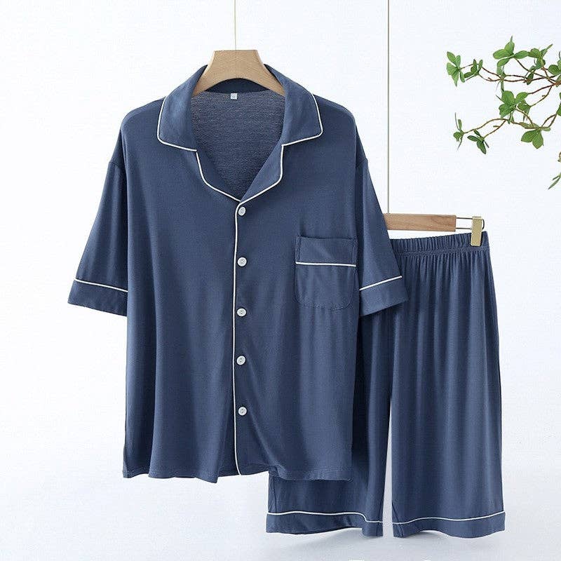 Plush Looks - Wholesale Sleepwear Set - Men's - Men's Solid Color Edging Short Sleeved Shorts Pajamas1