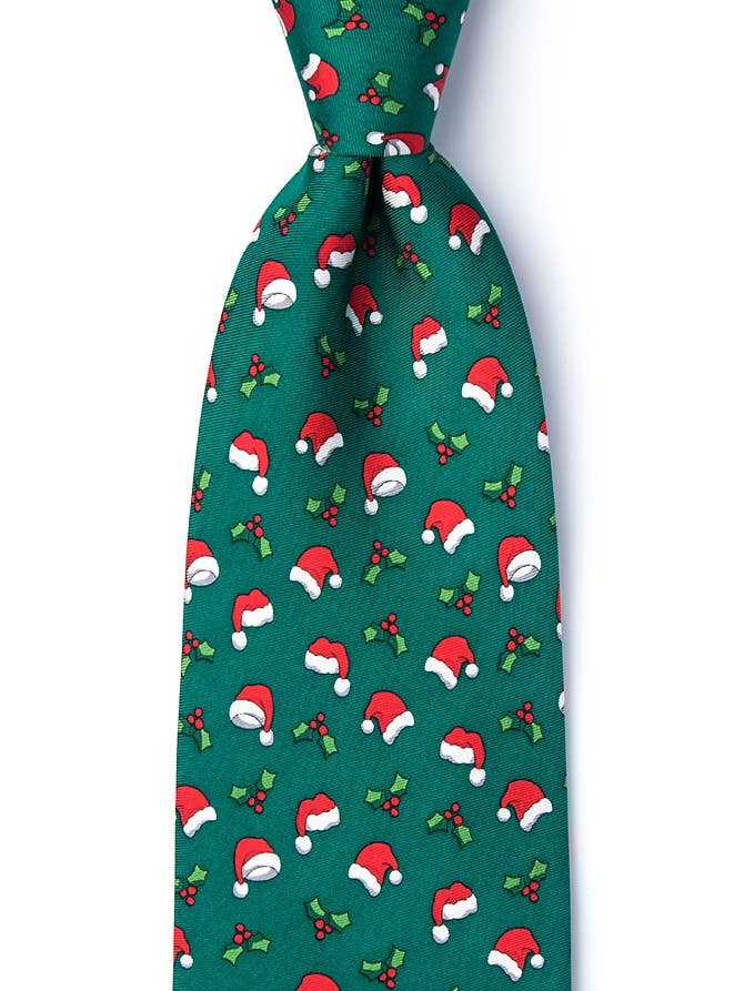 Cravate Casquettes de Noël - Soie verte pour la vente par Alynn