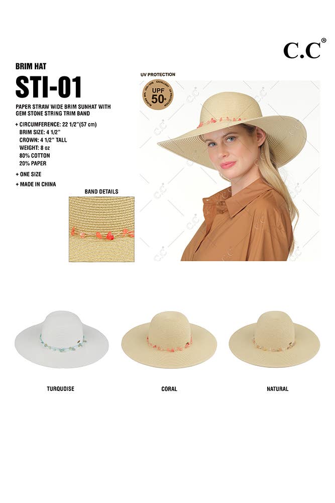 Hana - Vendita all'ingrosso Cappello di paglia - Donna - Cappello da sole a tesa larga in paglia con bordo a corda C.C Gem Stone2