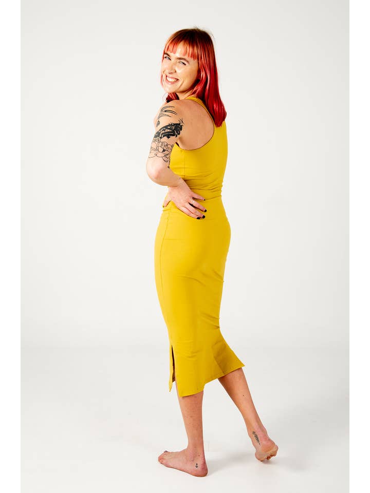 Shinni Neck Midi Dress In Mustard Seed for wholesale on Faire