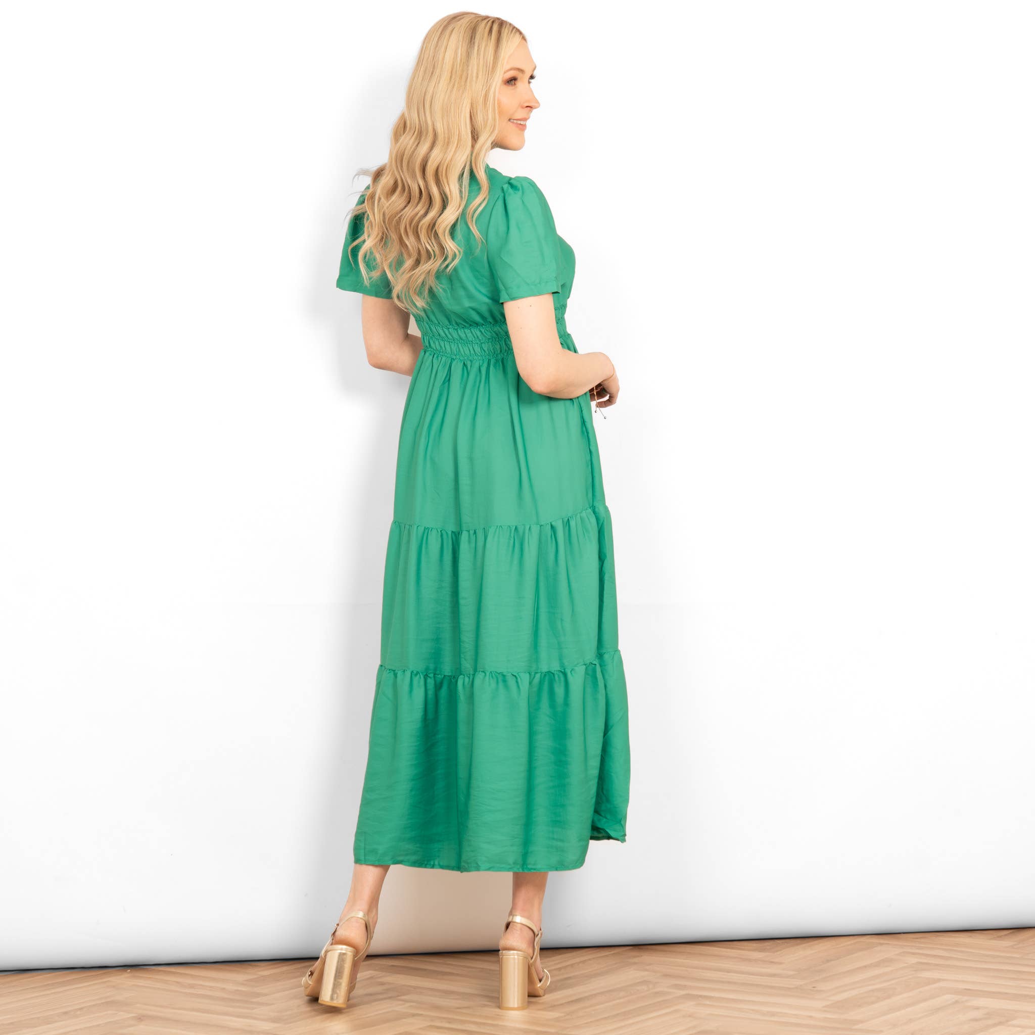 Sarta - Wholesale Dress - Women's - Grandad Collar Tiered Maxi Dress - Green2