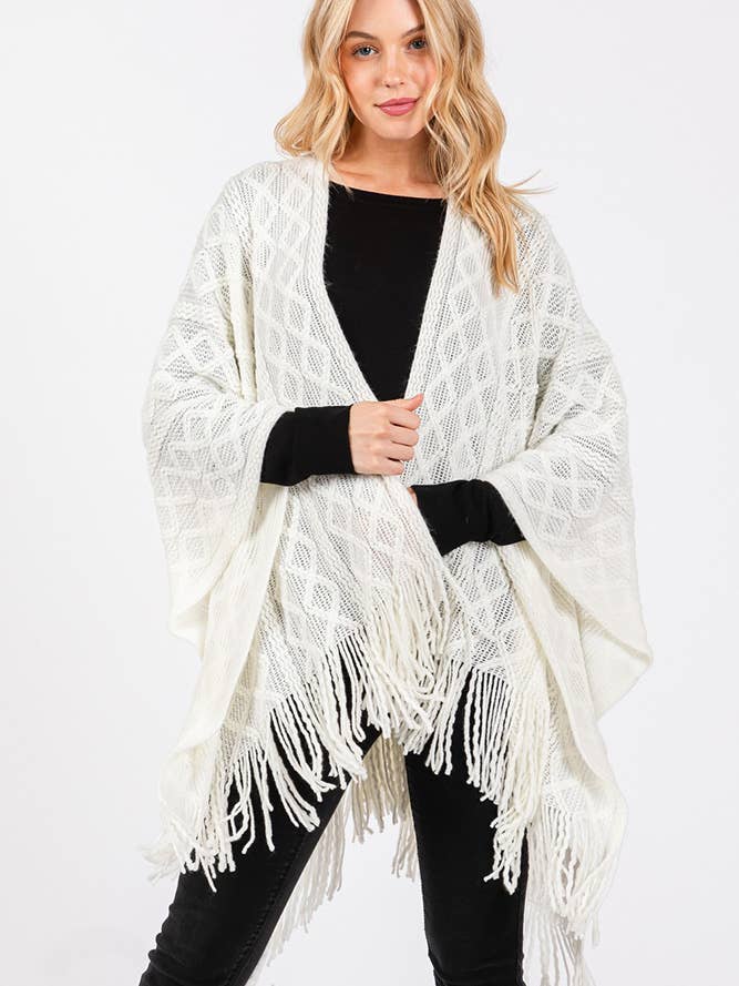 Hana – wholesale Cardigan – Women’s – Diamond Pattern Tassel Knit Ruana Winter Cardigan3