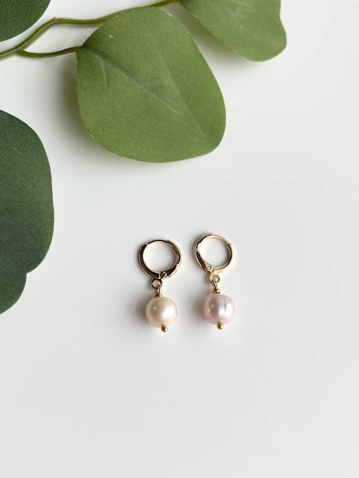 Pearl Gold Huggie Hoops, Dainty Single Pearl Earrings for wholesale by Mountain Marigold Jewelry