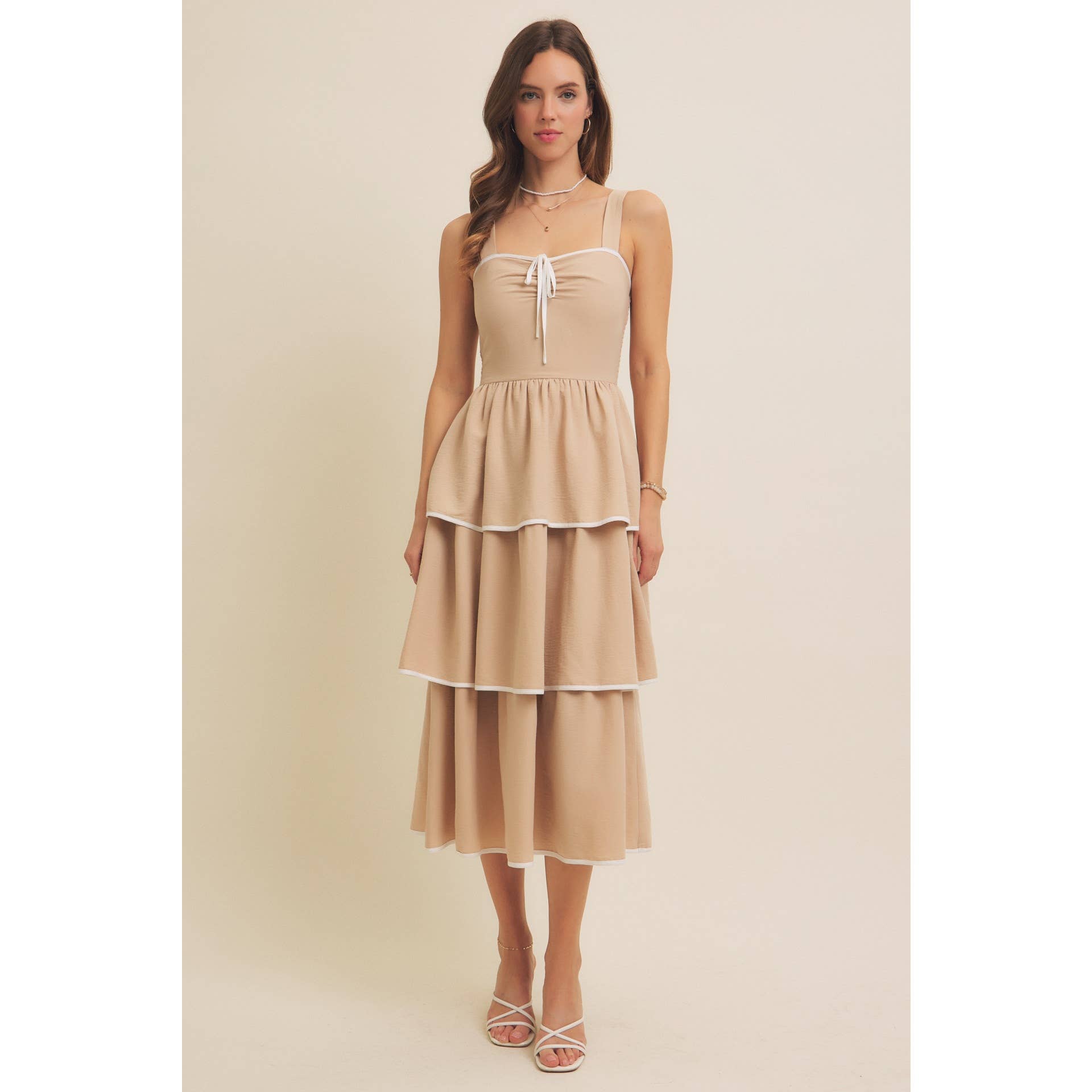 in february - Wholesale Dress - Women's - CONTRAST BINDING WITH BOW MIDI DRESS IN TIERED RUFFLES 19