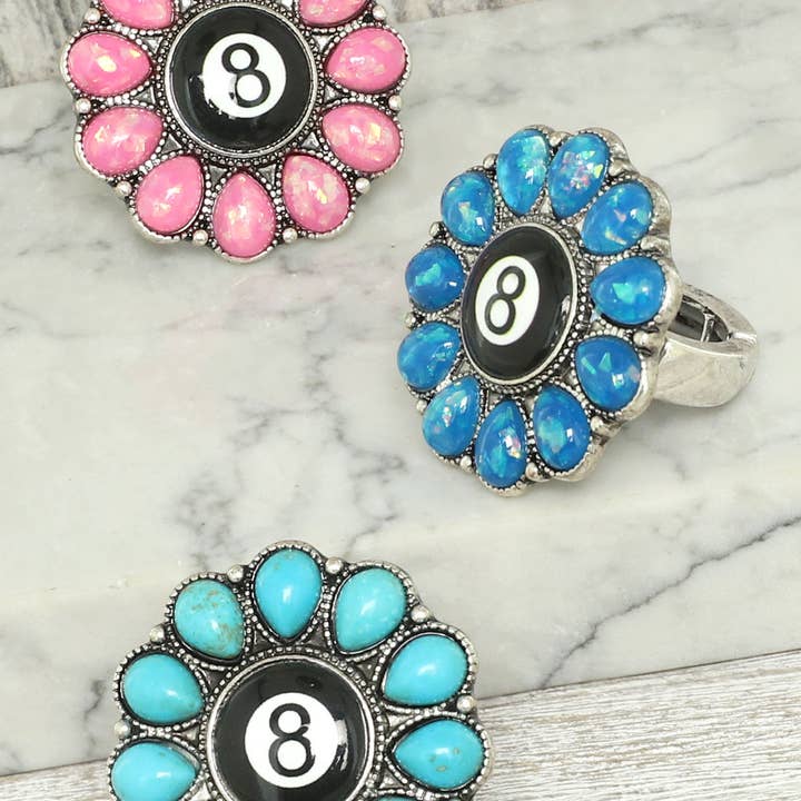SP Sophia Collection - Wholesale Cocktail/Statement Ring - Western Turquoise Billiard 8 Ball Concho Stretch Ring