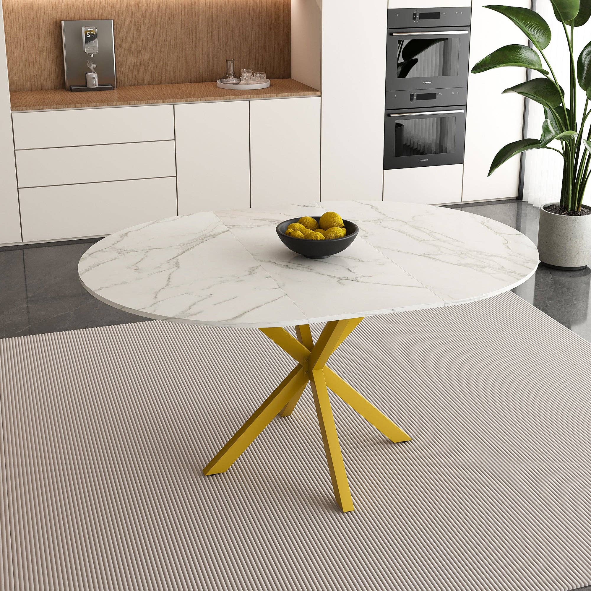 39F Inc. - Wholesale Side Table - Modern Round Dining Table with Extendable Blades, Carbon Steel X-Base, White Marble-Veined Top, MDF and Iron Construction, Fits 4-6 People1