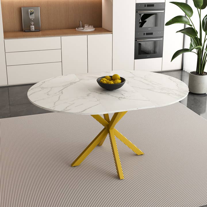 39F Inc. - Wholesale Side Table - Modern Round Dining Table with Extendable Blades, Carbon Steel X-Base, White Marble-Veined Top, MDF and Iron Construction, Fits 4-6 People1