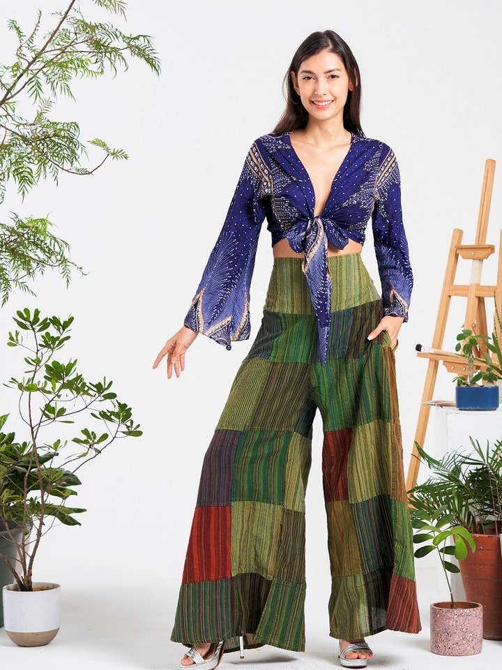 Multi-patch wide-leg elastic waist pants (KT-1400) for wholesale by Kathmandu Imports