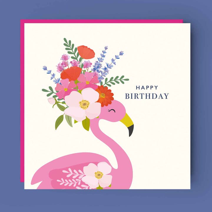 Happy Birthday Card | Female Pink Flamingo Floral Card for wholesale by Klara Hawkins