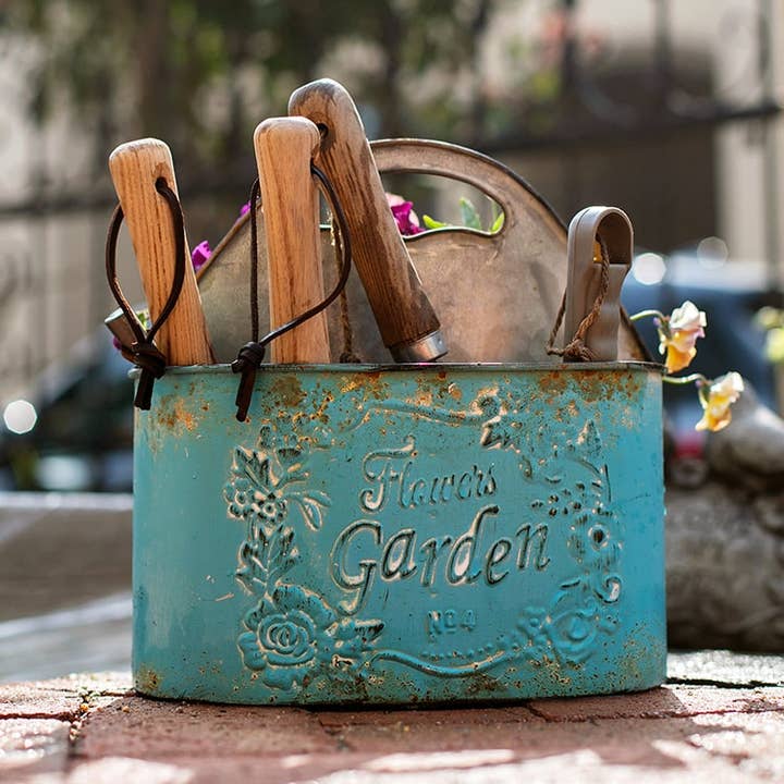 Rustic Reach - Wholesale Garden Tool - Blue Metal Basket Tool Organizer Flower Garden