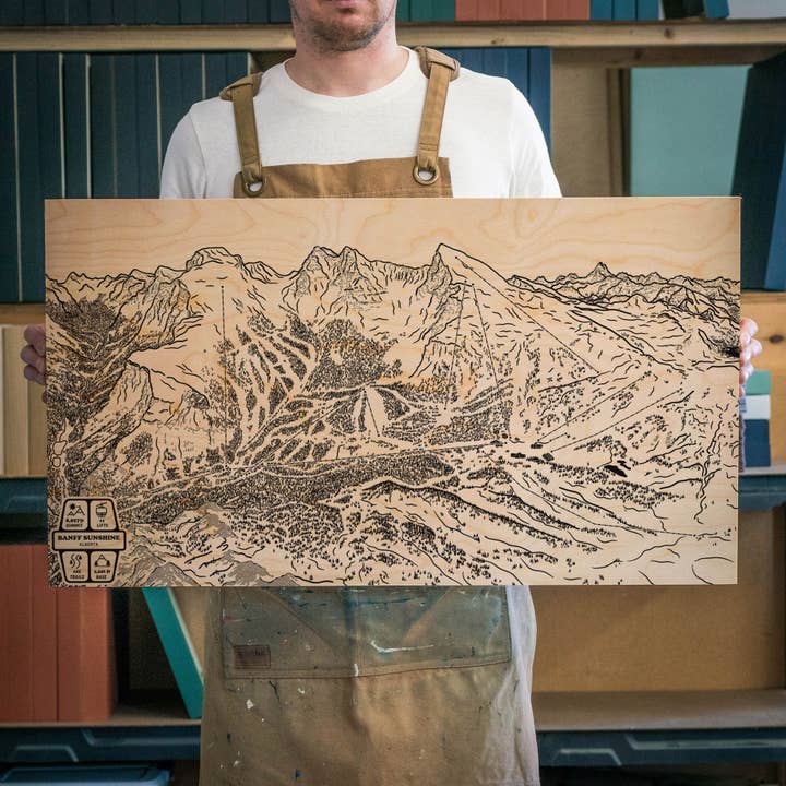 Mappa delle piste da sci di Banff Sunshine, Alberta per la vendita all'ingrosso da parte di Benoit's Design Co.