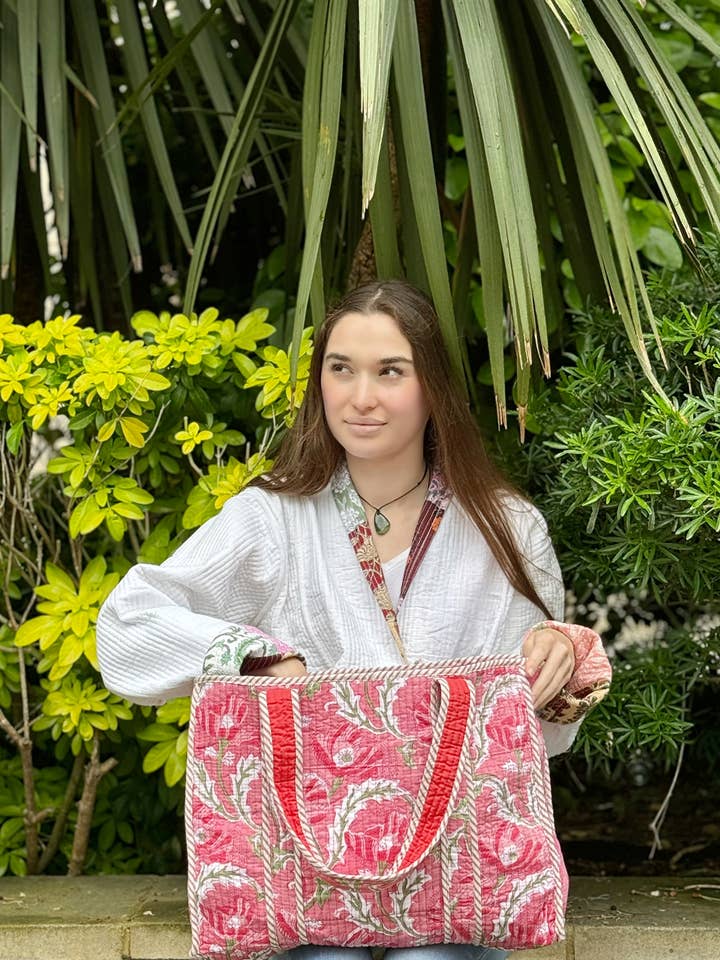 Quilted Cotton Handprint Reversible Large Pink White Grey Floral Tote Bag Eco friendly Sustainable Sturdy Grocery Shopping Handmade Art Boho for wholesale by Essential Designs London