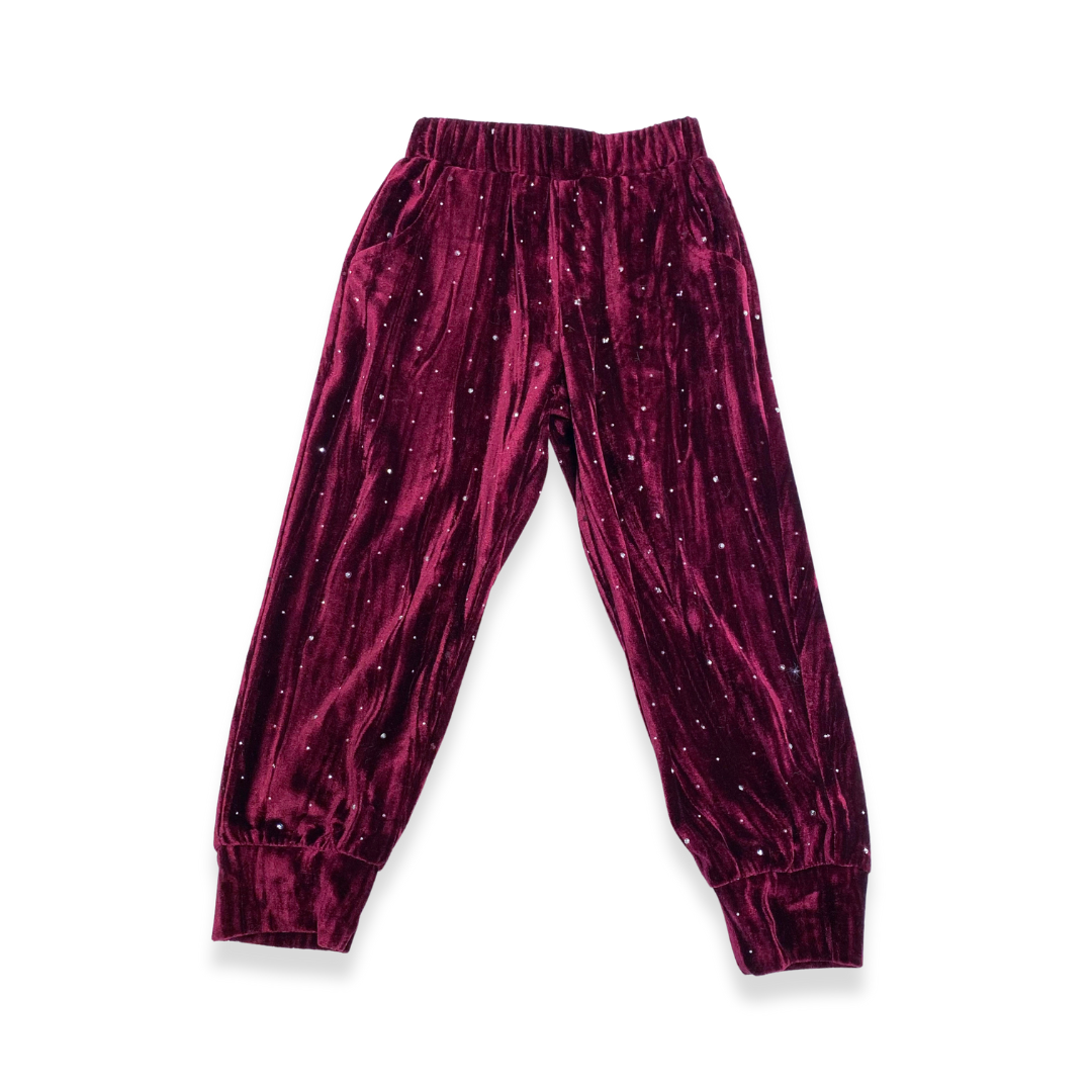 BURGUNDY 17133-B Sparkle Velvet Joggers for wholesale on Faire0