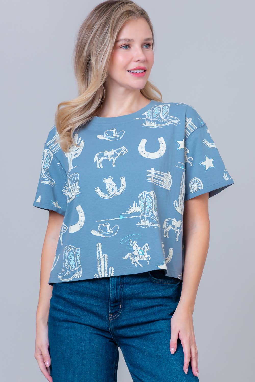 Taelynn - Wholesale T-Shirt - Women's - HT28781T-WESTERN PRINTED SHORT SLV ROUND NECK T-SHIRT23