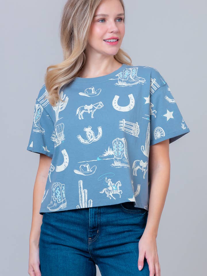 Taelynn - Vendita all'ingrosso Maglietta - Donna - HT28781T-MAGLIETTA A MANICHE CORTE CON STAMPA WESTERN E SCOLLO ROTONDO23