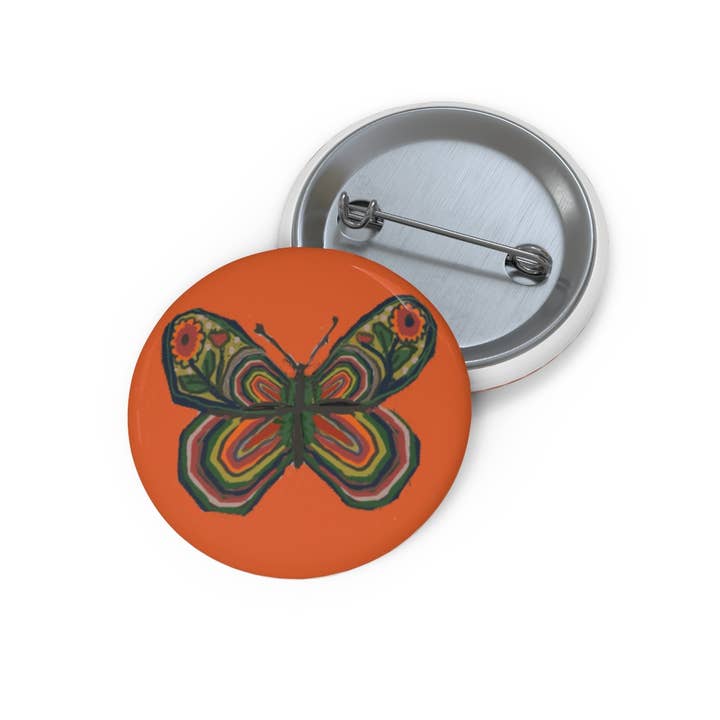 Round Button / Pin. Mod Butterfly Orange for wholesale by Blueberry Road Cards