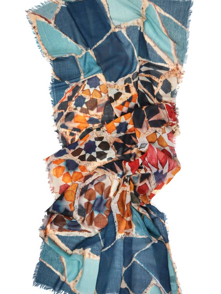 XXL-sjal, merinoull, blå toner, orange, mosaikmönster för wholesale av SALTO