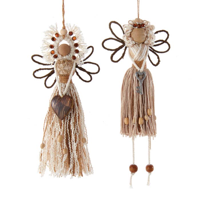 Macramé Angel With Heart and Key Ornaments, 2 Assorted for wholesale by Kurt S. Adler, Inc.