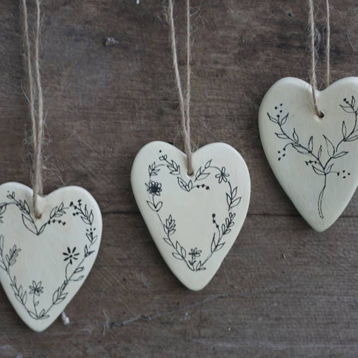 D - 3 Botanical Seedhead Design Hanging Hearts for wholesale by Merryfield Pottery