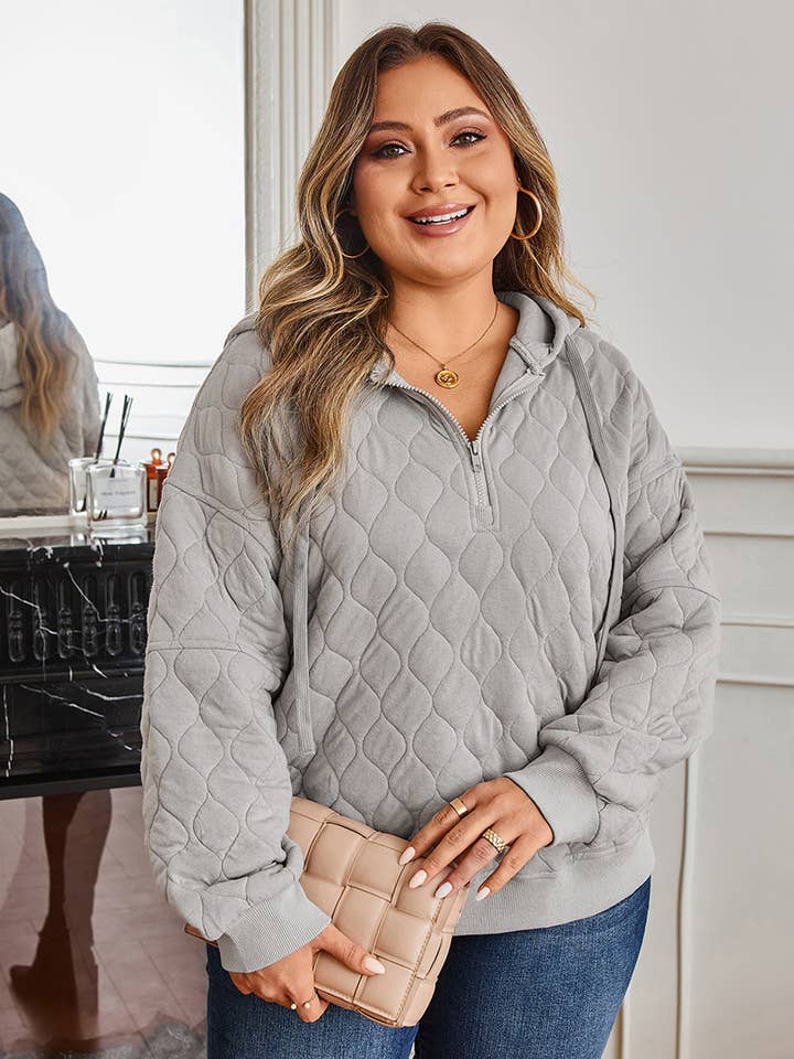 Gray Quilted Quarter Zip Plus Size Hoodie for wholesale by Poppy Lee Lane