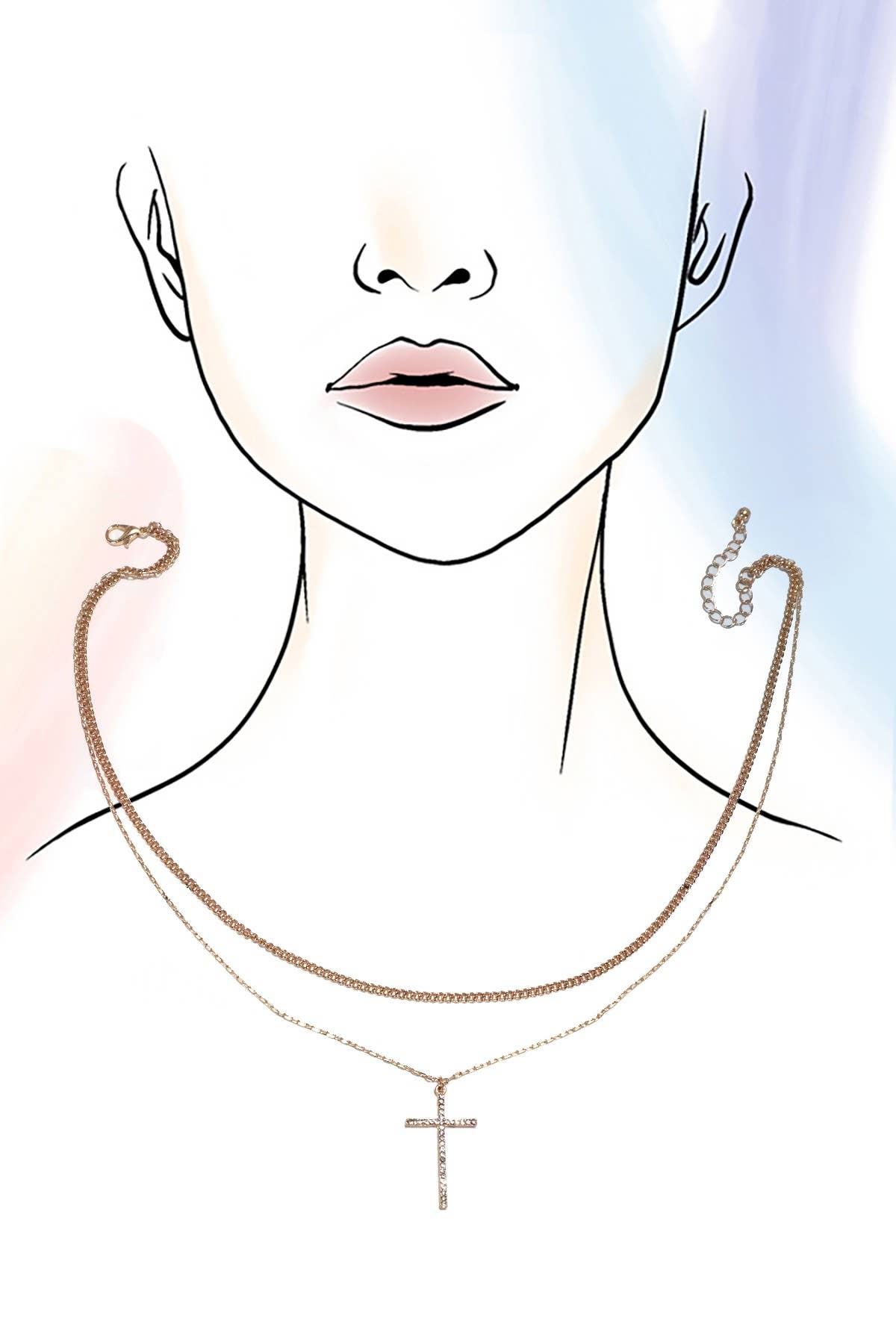 Gold DOUBLE LAYER RHINESTONE CROSS CHARM NECKLACE | 80N1041 for wholesale on Faire3