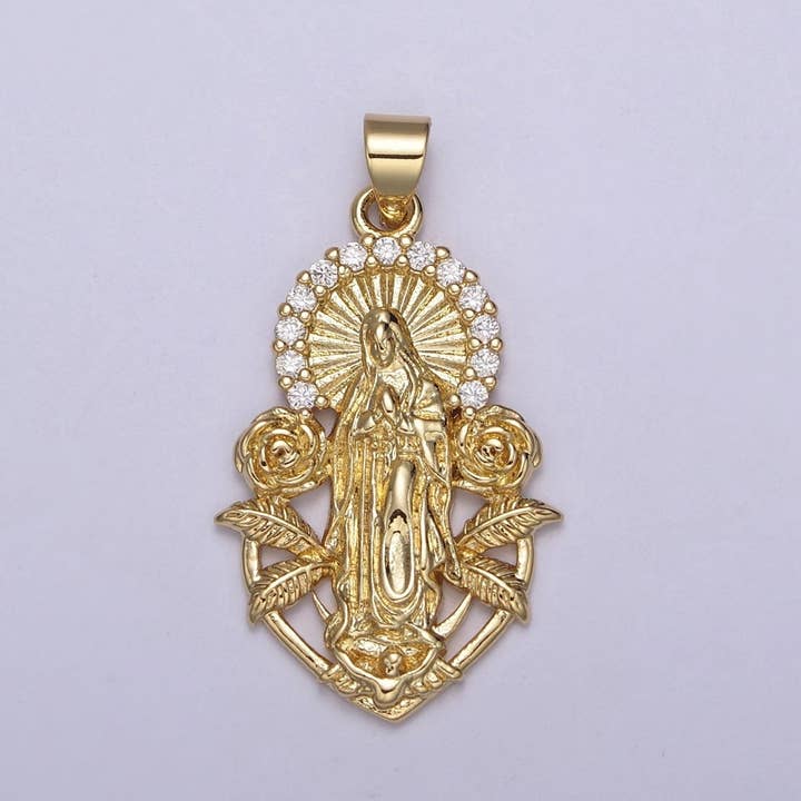 Médaille Pendentif Vierge Marie Notre-Dame de Guadalupe Miséricorde Divine Fleur de Rose en Or pour Fourniture de Fabrication de Collier H-800 pour la vente par Aim Eternal