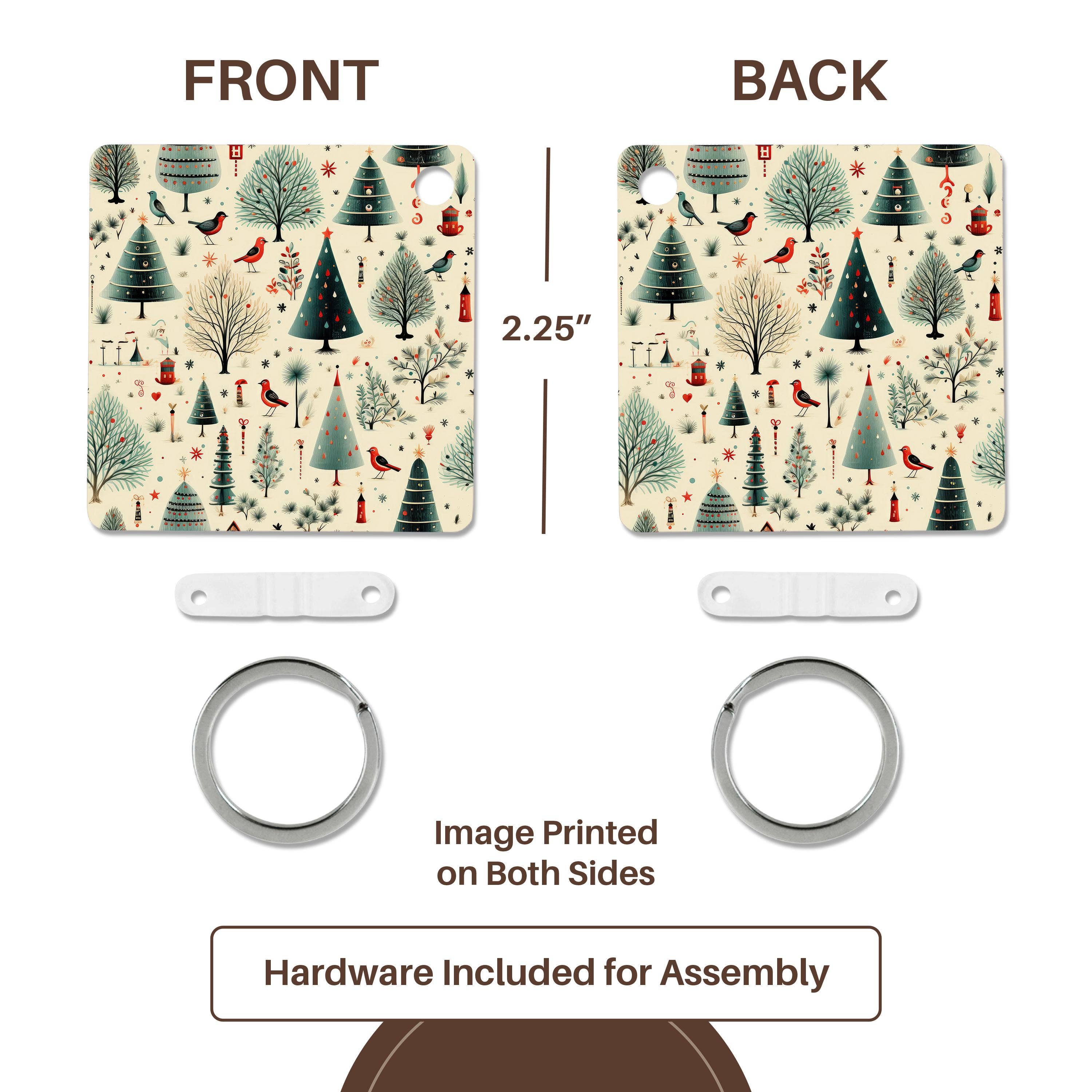 3dRose – Großhandel Schlüsselanhänger – Unisex – 3dRose, Ein verspieltes Weihnachtsmuster mit Vögeln und Vintage-Weihnachtsbäumen. , Schlüsselanhänger4