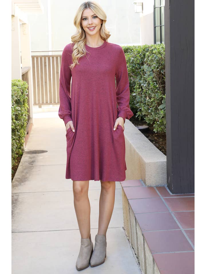 You & Me - Wholesale Dress - Women's - YMD10063V-PUFF LONG SLEEVE HACCI BRUSHED DRESS30