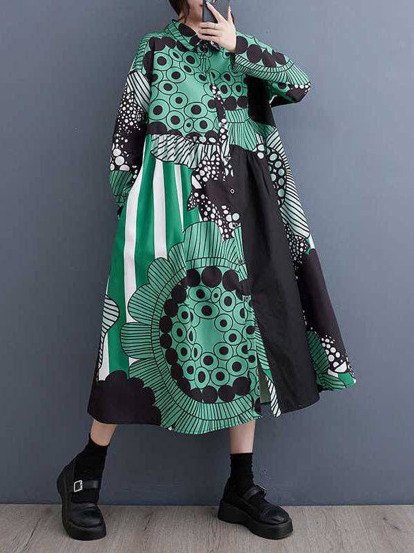 A-Line Long Sleeves Asymmetric Buttoned Printed Split-Joint Lapel Midi Dresses Shirt Dress for wholesale by VividLux
