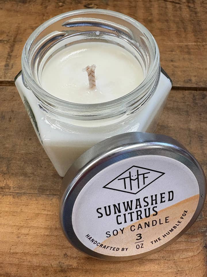 Sunwashed Citrus Soy Candle - 3oz Hexagon Jar for wholesale by The Humble Fox Candle Co.