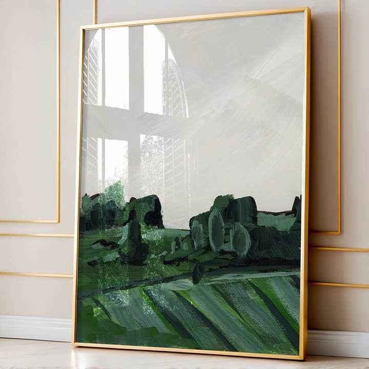 Pastoralt landskap, vertikal, stor oinramad utskrift för wholesale av Green Barn Studio