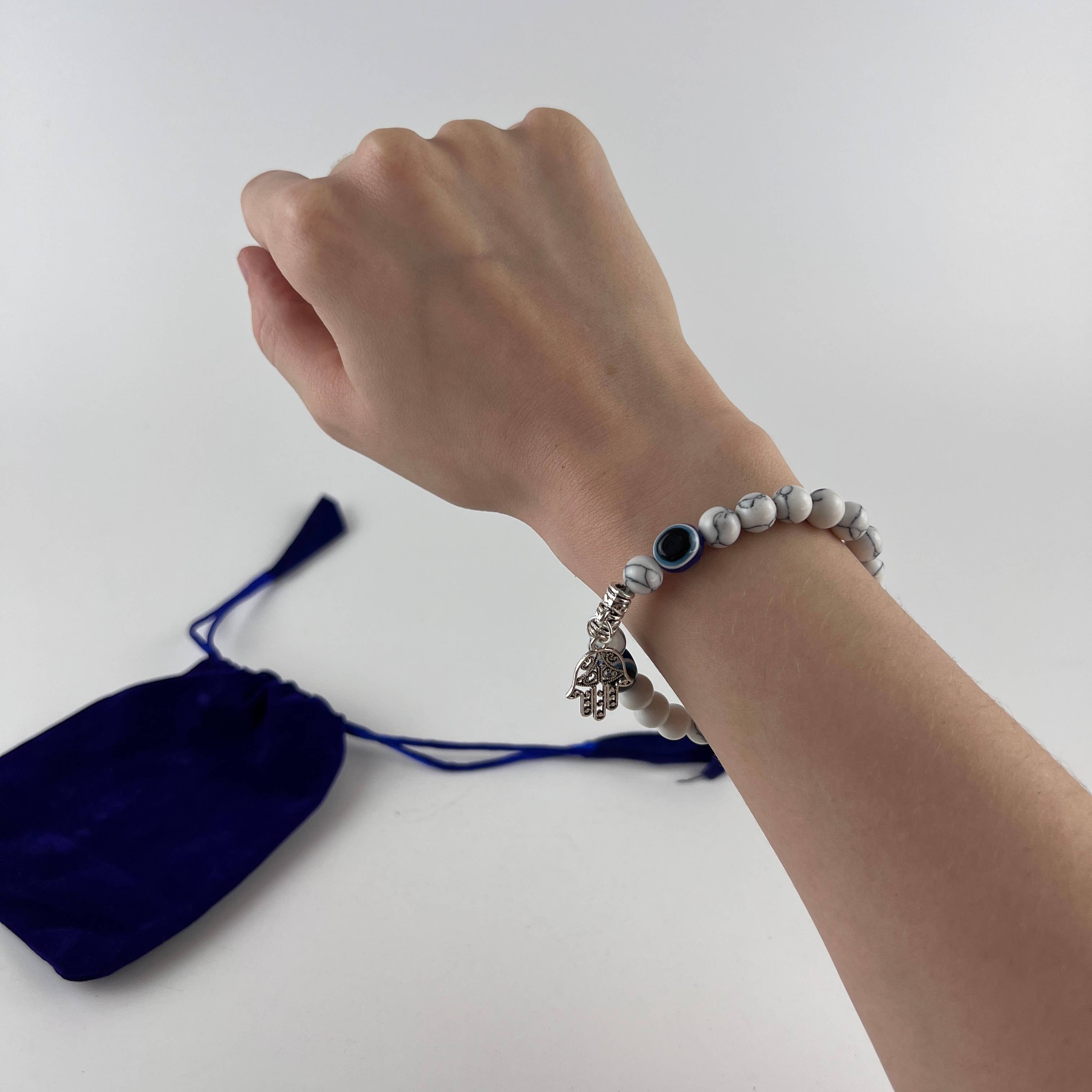 GREENROOTS USA LLC – wholesale Charm/dangle bracelet – Hamsa Hand Evil Eye W/ Howlite Bracelet W/ Velvet Bag7