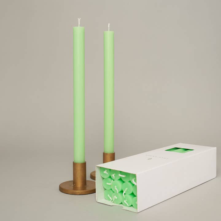 Fluoro Green Coloured Box of 12 Taper Candles - 12hr Burn for wholesale by True Grace