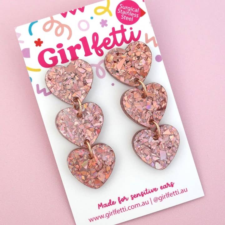 Girlfetti - Wholesale Dangle Earrings - Triple Heart Acrylic Dangle Earrings