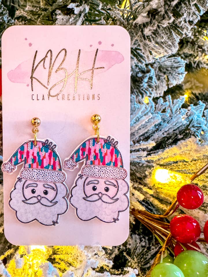 Pink/Blue Santa Dangle Clay Earrings for wholesale by KBH CREATIONS